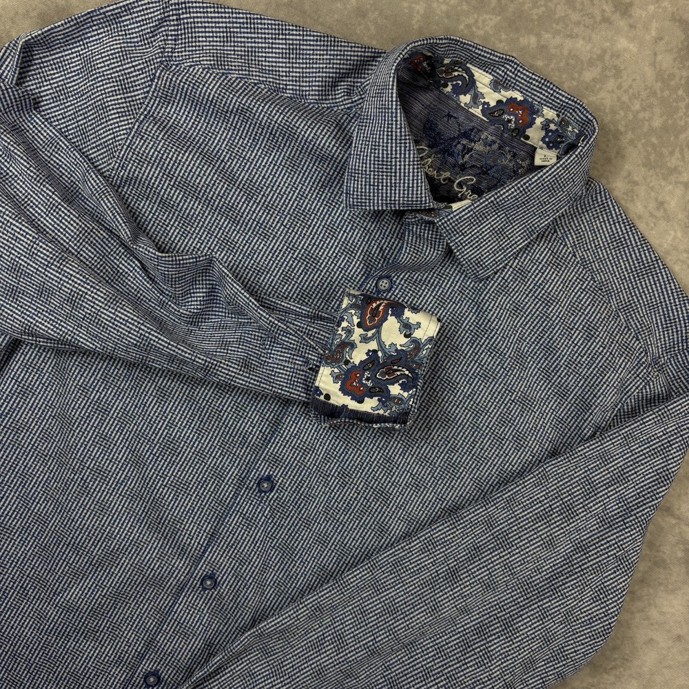 Robert Graham Button Down‎ Shirt Men's L Blue Flip Cuff Check Preppy